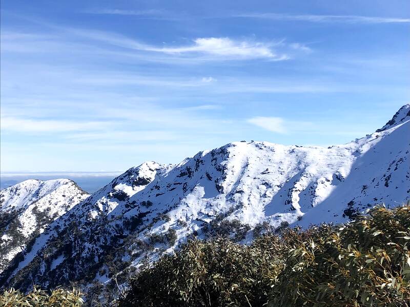 Snow-covered ridgeline and peaks under a blue sky with high cirrus.